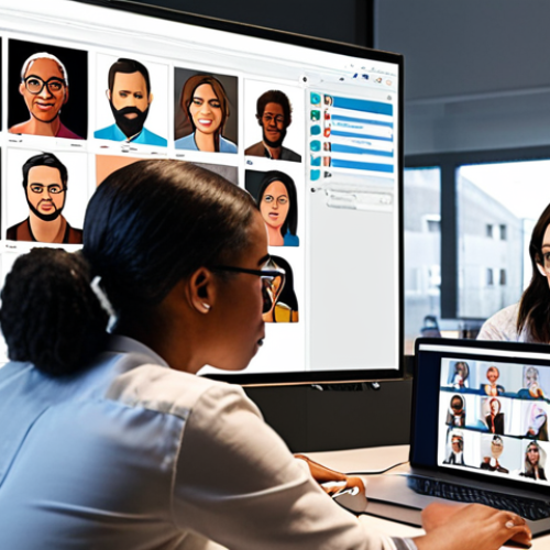 **Image Prompt 1:** A diverse group of employees collaboratively working on a digital project, with relevant online learning resources (tutorials, webinars) displayed on nearby screens. The atmosphere should be modern and collaborative, emphasizing the integration of learning into daily work.