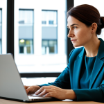 A focused professional woman, in her late 30s, wearing a modest business casual outfit, sitting at a clean, modern desk. She is looking thoughtfully at a laptop screen, with a digital notebook open beside it. The background features a blurred, well-lit contemporary office environment with subtle technological elements, emphasizing continuous learning and personal reinvention. The overall mood is one of quiet determination and intellectual growth. The image features perfect anatomy, correct proportions, natural pose, well-formed hands, proper finger count, and natural body proportions. This is a safe for work, appropriate content, fully clothed, professional, family-friendly image.